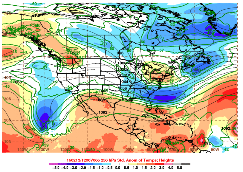 Jet stream level temperatures. Notice the anomalously warm temperatures over the Northeast. Via Kyle Griffin and his maps page.