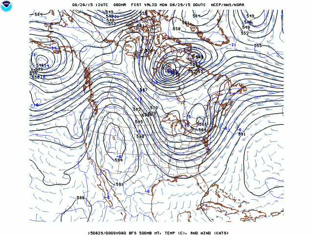 Upper level forecast for Sunday evening.