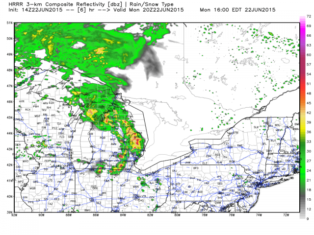 Model Simulation of what the radar will look like this afternoon. (Image from Weatherbell)