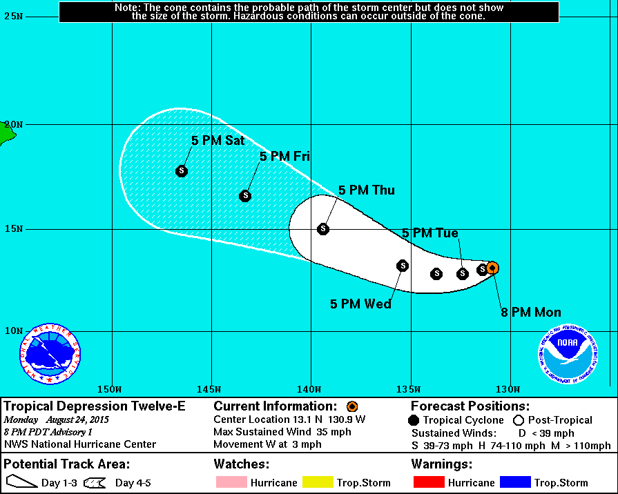 Forecast track for Tropical Depression 12-E as of 8pm PDT August 24, 2015.
