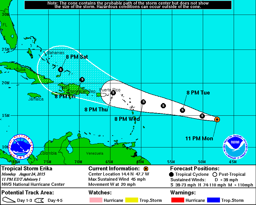 Forecast track for Tropical Storm Erika as of 11pm EDT August 24, 2015