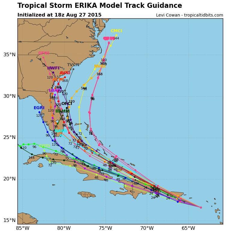 Model forecasts for the track of Tropical Storm Erika.