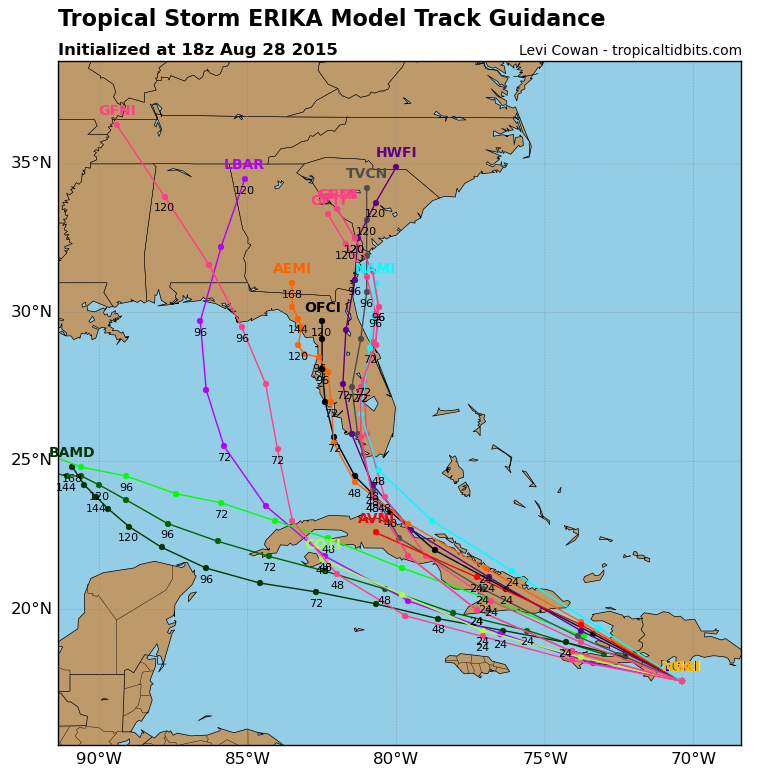 Computer model forecasts for Tropical Storm Erika's future track.