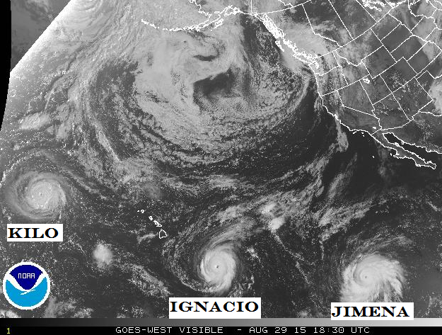 Satellite photo from the NOAA showing Hurricanes Kilo, Ignacio, and Jimena.