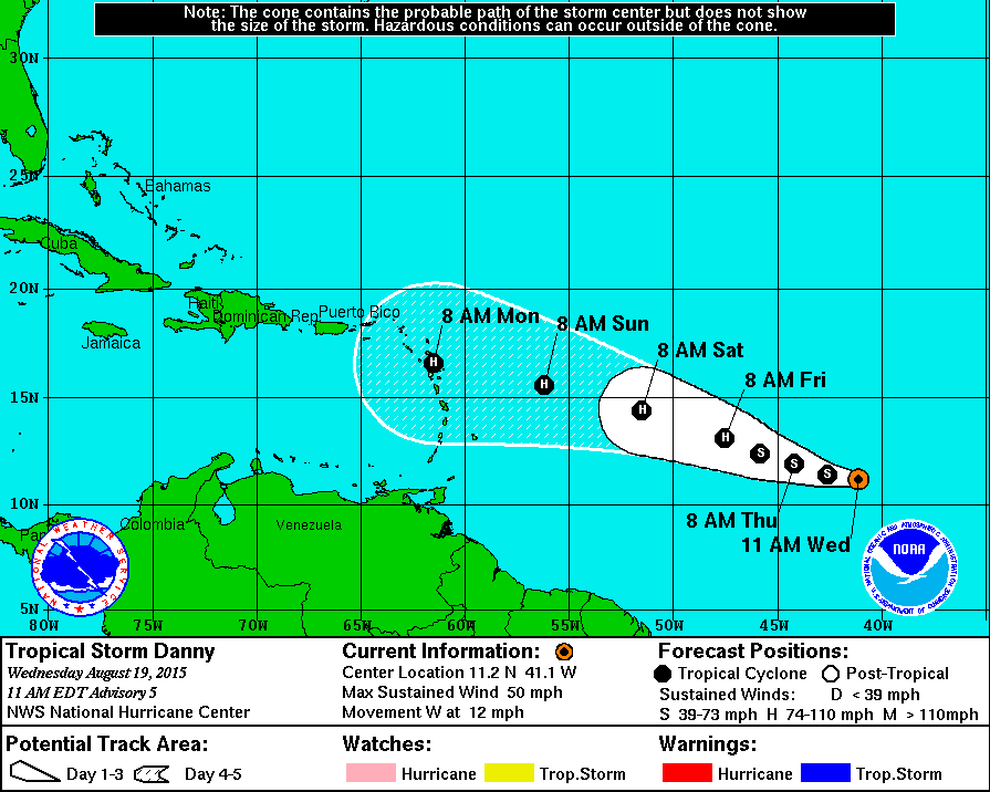 Forecast track for Tropical Storm Danny as of 11am Wednesday.