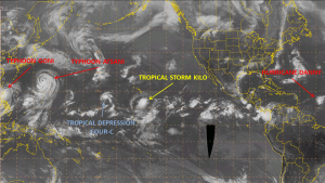 Satellite photo from NWS Ocean Prediction Center showing 5 active tropical cyclones on August 21, 2015.