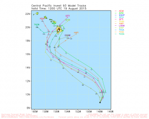 Model forecast tracks for the tropical disturbance southeast of Hawaii.