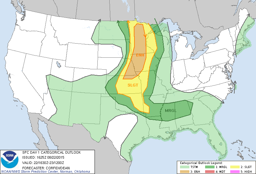 Severe Weather Outlook for August 22, 2015 from the Storm Prediction Center.