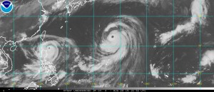 Satellite photo from Noon EDT Thursday of Typhoon Goni (left) and Super Typhoon Atsani 9right)