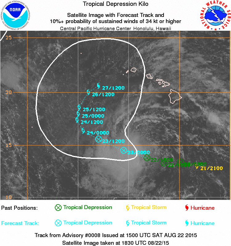 Current satellite phot and expected track of Tropical Depression Kilo from the Central Pacific Hurricane Center.