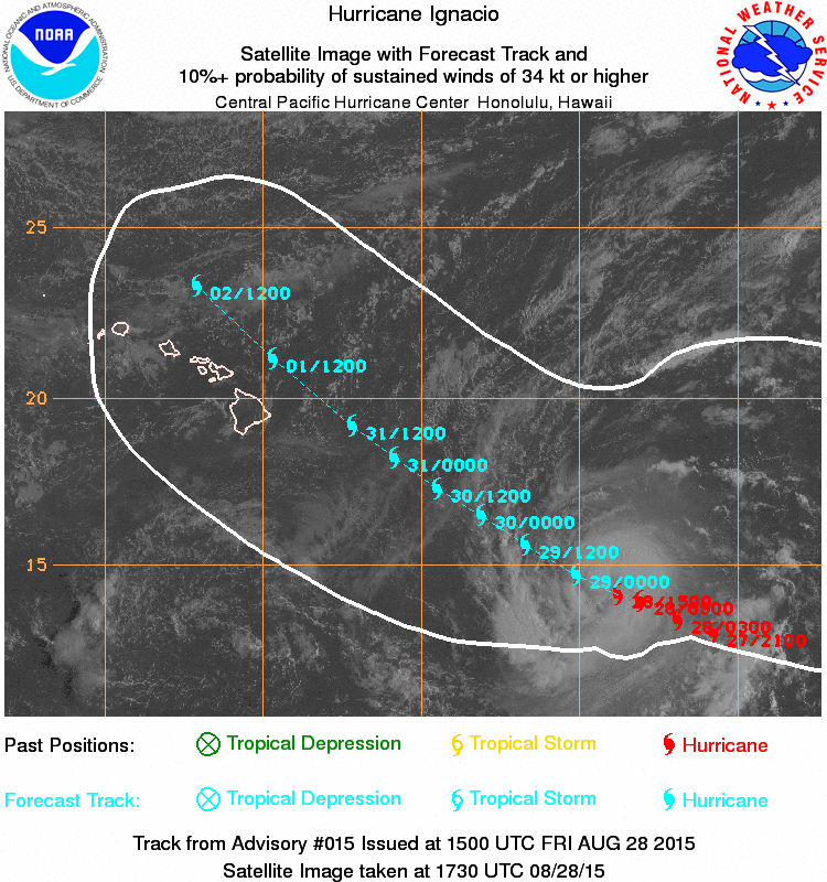 Satellite photo and forecast track for Hurricane Ignacio.
