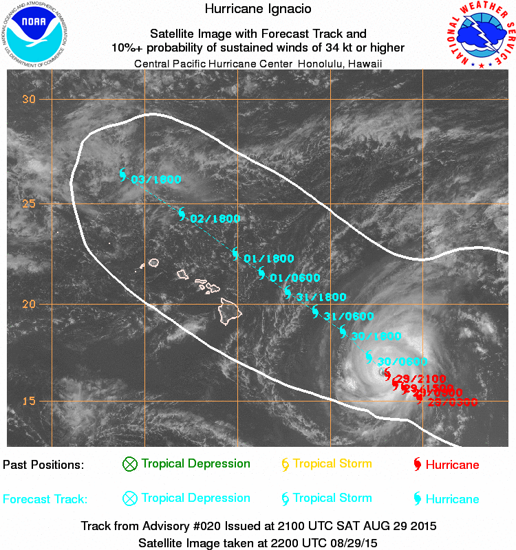 Forecast track for Hurricane Ignacio as of 11am, HST August 29, 2015.
