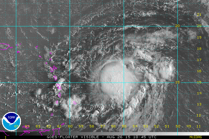Satellite loop of Tropical Storm Erika from Wednesday afternoon August 26, 2015