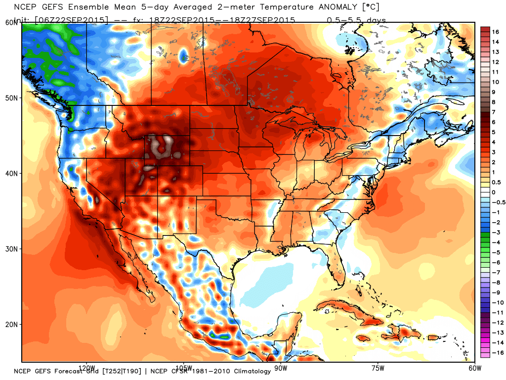 Temperature anomaly forecast for the next 5 days. (Image from WeatherBell)