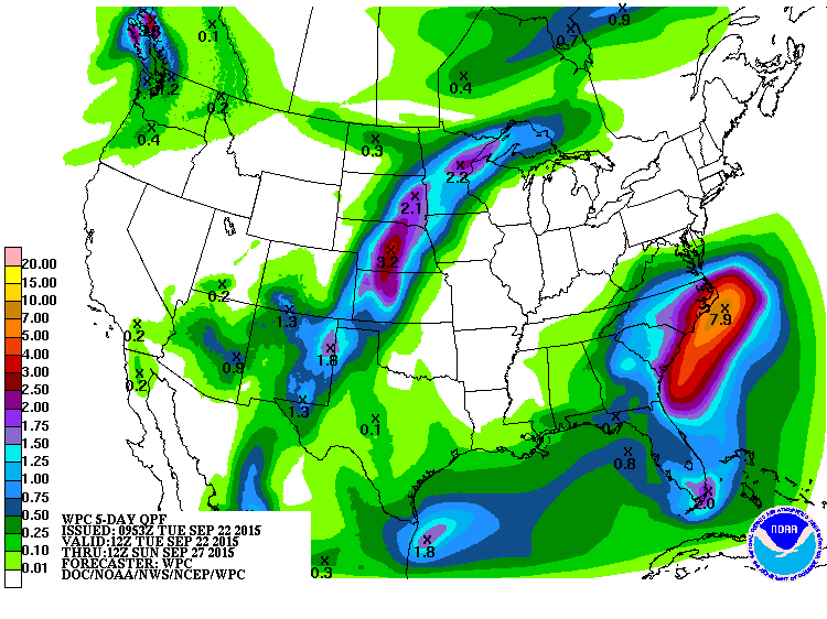 Rainfall forecast for the next 5 days. (Image from NWS Weather Prediction Center)