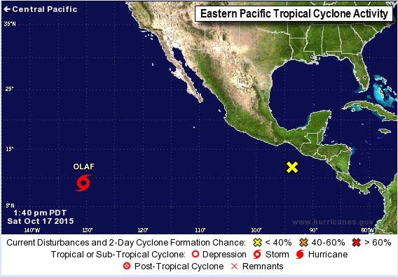 Current tropical activity with Tropical Storm Olaf and the area to watch near Central America.