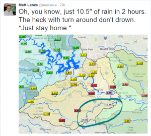 Tweet from Matt Lanza showing the location of a 10+ inch rainfall report in 2 hours.