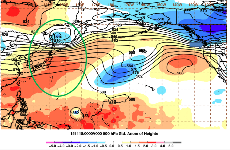 A low pressure system exits East Asia.