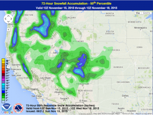 Snowfall forecast through early Wednesday. (Note this isn't quite the mean, but it is the 50th percentile). Via WPC.