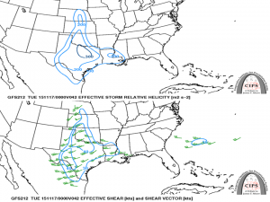 Monday helicity (top) and shear (bottom) forecast. 200 m2/s2 of helicity is enough for tornadoes. 30 kts of shear is enough for tornadoes.