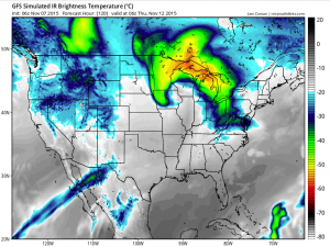 Model projection of the infrared satellite image as the low pressure grows over the United States