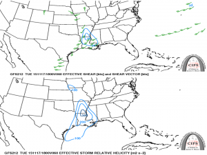 Monday shear (top) and helicity (bottom) forecast. 200 m2/s2 of helicity is enough for tornadoes. 30 kts of shear is enough for tornadoes.