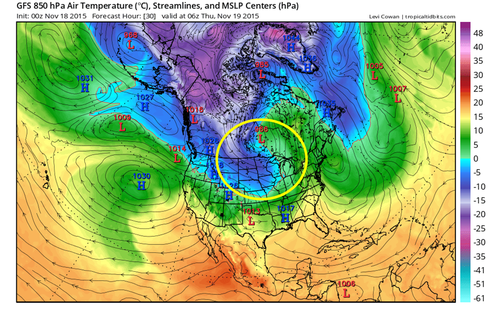 Area encircled by yellow shows the colder (cool colors) flowing into the Northern Plains from Canada on the back end of the low pressure system in Central Canada.