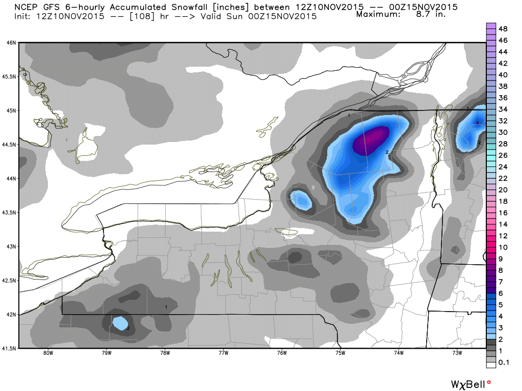 Snowfall forecast for Friday and Saturday from the GFS model. Image courtest of WeatherBell.