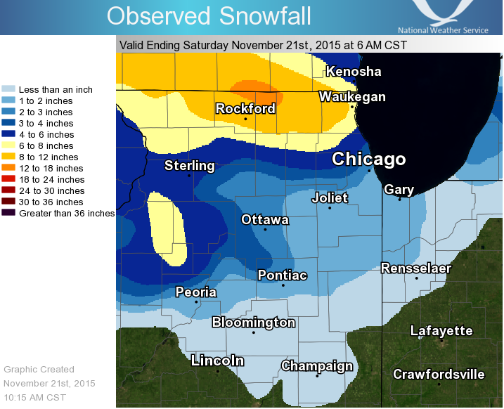 Snow totals in Northern Illinois up to Saturday morning.
