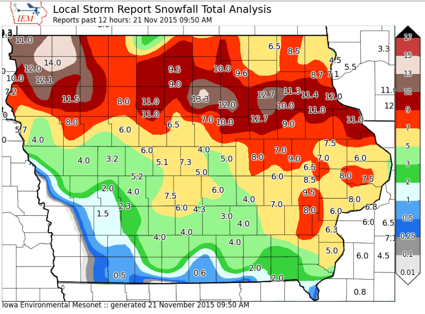 Snow totals in Iowa up to Saturday morning.