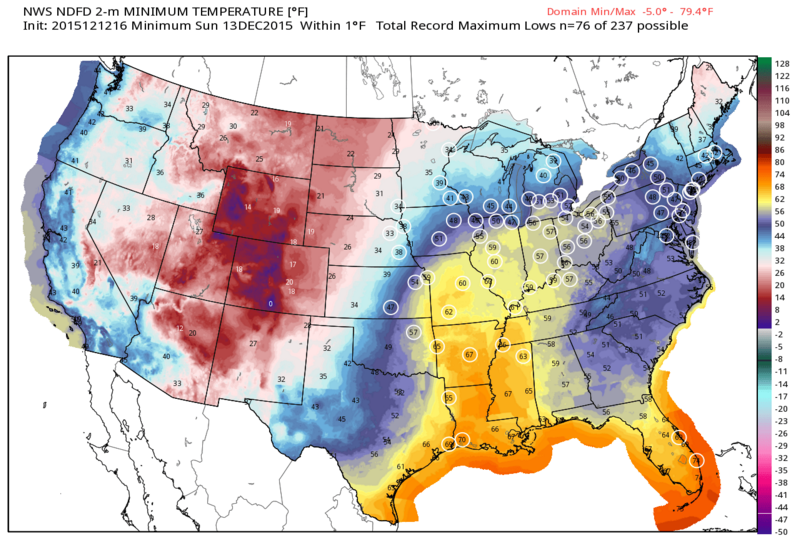 Record high minimum temperatures on Saturday night denoted by white circles.