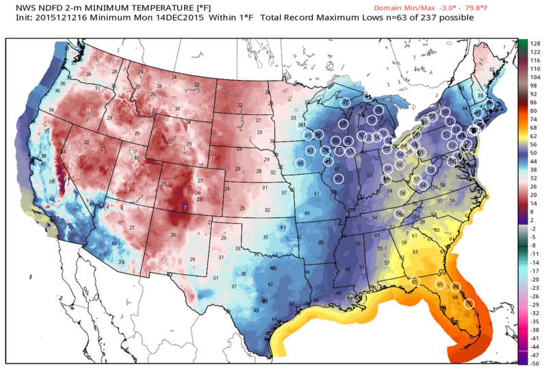 Record high minimum temperatures on Sunday night denoted by white circles.