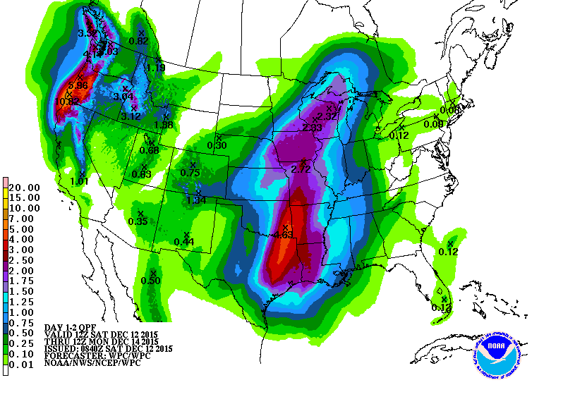48 hour rainfall forecast. Note the higher amounts in northeast, Texas and western Oklahoma.Via WPC.