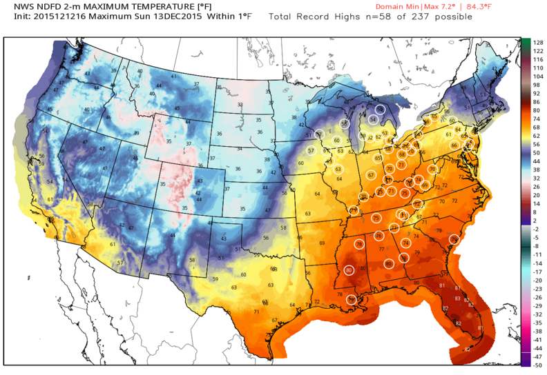 Record high temperatures circled in white especially over the eastern half of the US.