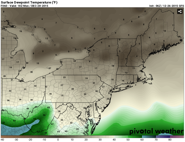 Dew point temperatures below freezing indicate a very cold and dry airmass before Tuesday's precipitation.