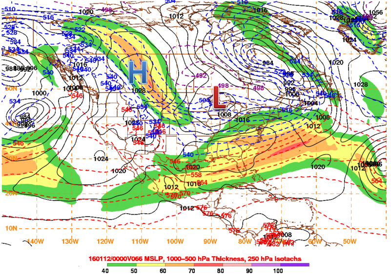 GFS forecast model showing the clipper and trailing high pressure (added by author). Notice the strong jet stream from north to south, which could help to push the clipper farther south and bring cooler air into the United States.