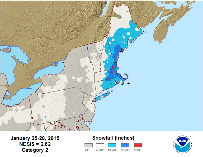 The storm total snowfall via the NESIS scale from January 25 -28, 2015.