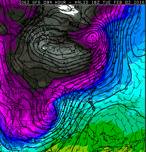 Snapshot of the cold air(north and west of the low) and warm sector (south and east of the low). Notice the stronger winds (barbs with triangles indicating 50+ knot winds) in the area within the packed contours.