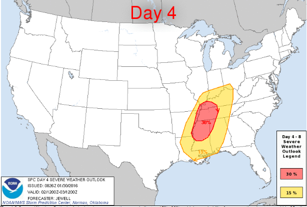 Tuesday's probability of severe weather over the Lower Mississippi Valley. This seems to correlate well with the CIPS analog guidance's placement of severe weather. Via the Storm Prediction Center.