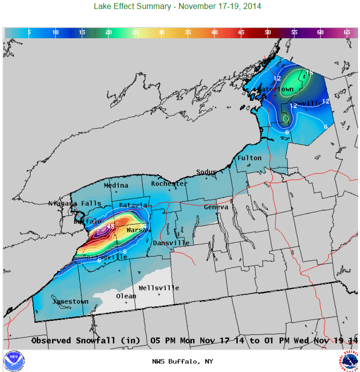 Snowfall totals from the November 17-19, 2014 lake effect even. Notice the large gradient near Buffalo, New York.