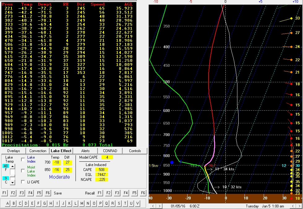 GFS Forecast depiction. Note the pink and yellow colorations along the temperature (red) line indicates the dendritic growth layer. It is also close to the moisture (green) line indicating some moisture. Note the 1.5 m temperature at 850 millibars.