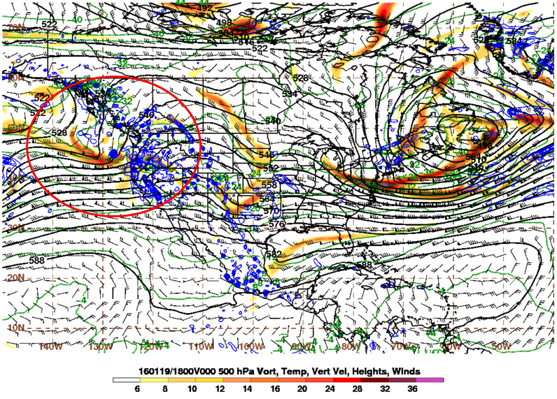 Energy (reds and oranges) over the Eastern Pacific before entering the Western US.