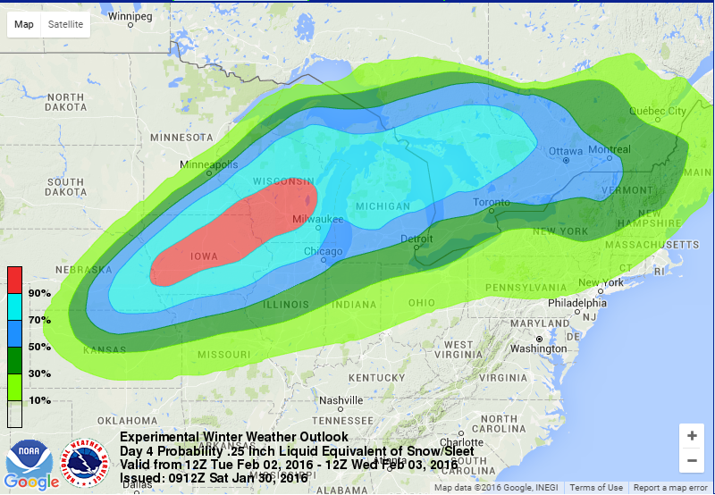 Appreciable snowfall/sleet highlighted on day 4. Via the Weather Prediction Center.