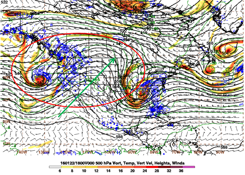 The ridge building as a result of a wave break from the storm entering the Western US. The eventual Blizzard of 2016 was in the Eastern US at this point.