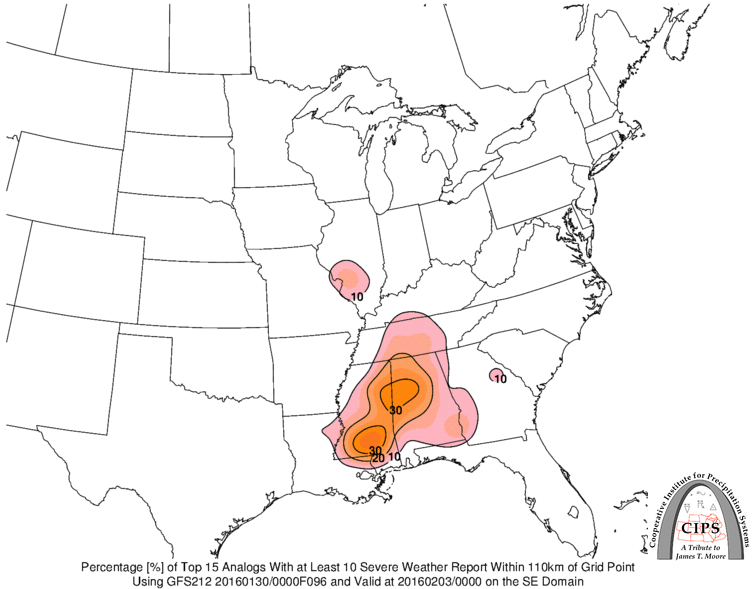 Analog guidance based on the GFS models highlighting severe weather in the Lower Mississippi Valley for Tuesday.