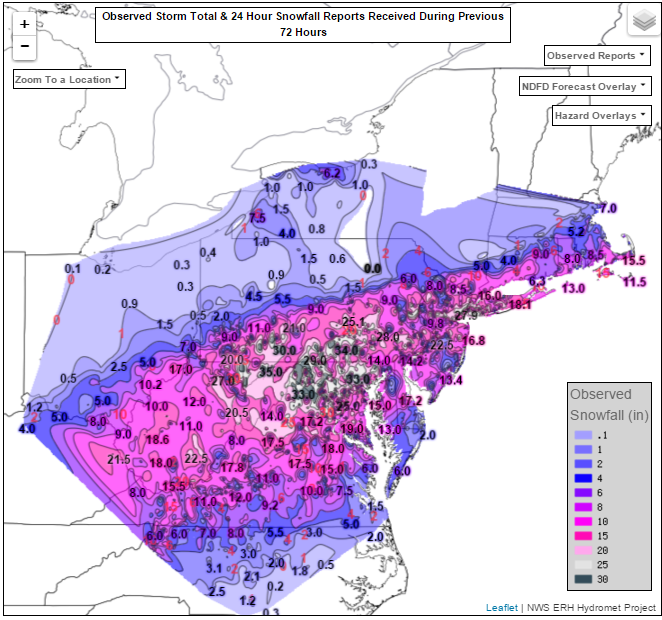 Snow totals along the Eastern US.