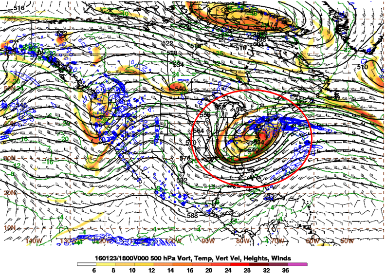 Storm position as it affected the Northeast. The blue colors indicate the bent back warm front and frontogensis signature.