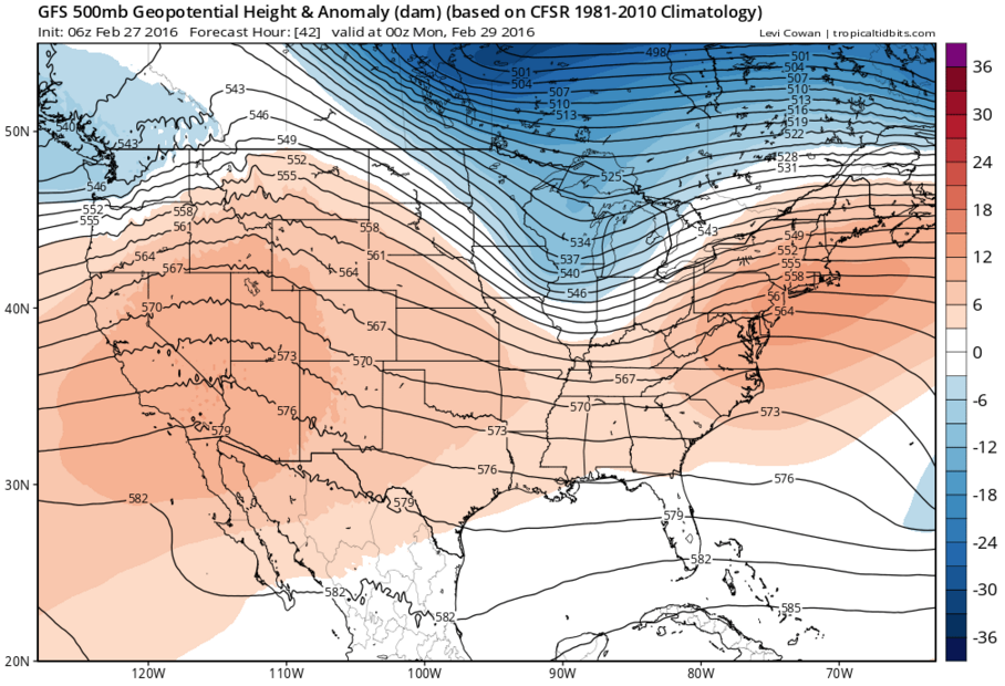 Above normal heights indicating warm air is nearby.