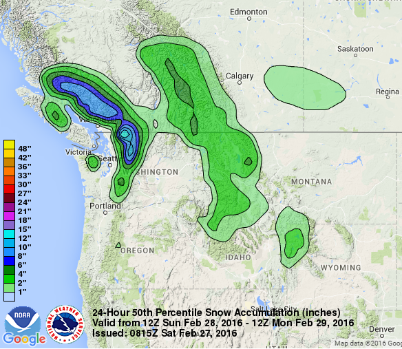Forecast snowfall over the Cascades and Northern Rockies via WPC.