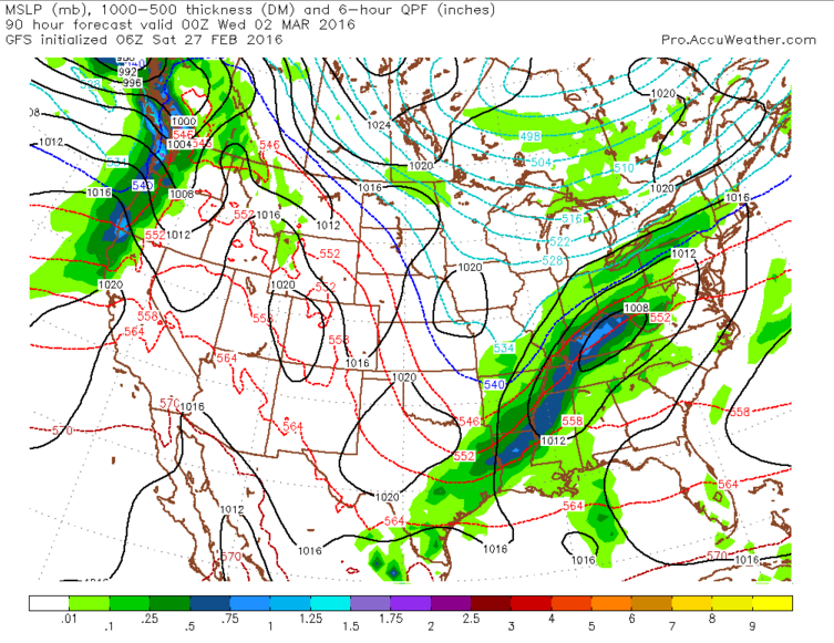 GFS model depiction of overnight snowfall or freezing rain.